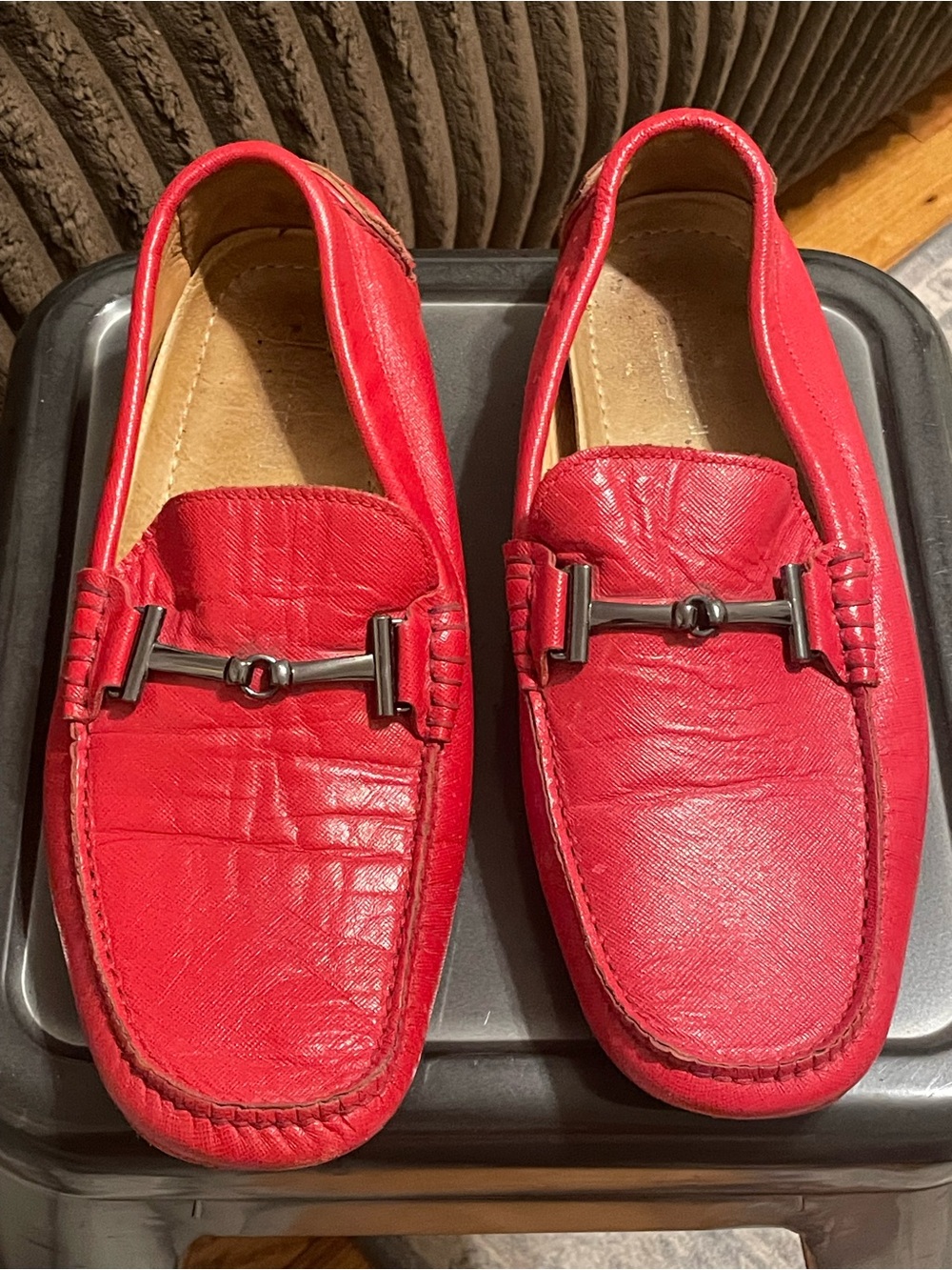 Bugatchi Red Leather Men’s Slip-On Loafers with Metal Bit